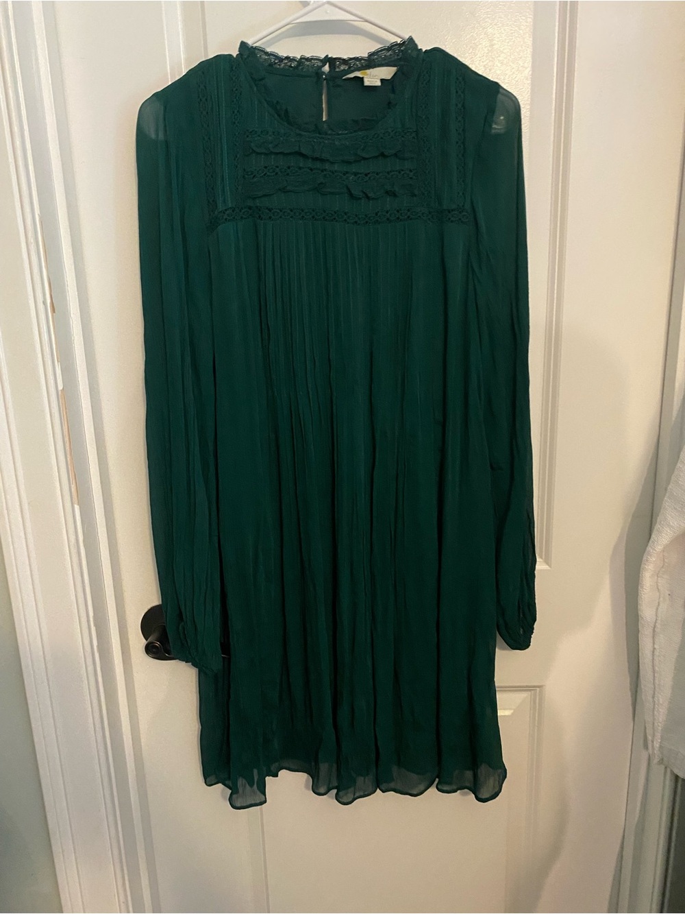 Boden Deep Green Long Sleeve Pleated Lace Yoke Dress
